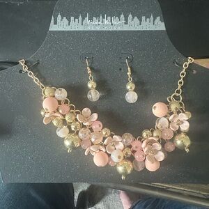 Nicole Miller Gold and Pink Floral Necklace and Earring Set